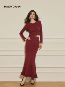 French Vintage Lace Wine Red Slim Fit Dress Set