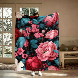 Potdemiel | Pink Flowers Blue Berries Ultra-Soft Fluffy Flannel Blanket Super Cozy Lightweight Bed Blanket for Halloween Sofa Bed Christmas