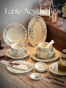 French vintage lilac flower bowl and plate set household ceramic dining bowl light luxury and high-end tableware plate