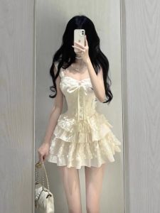 Pure Desire Sweet Spicy Short Heavy Embroidery Lace Strap Dress Women Summer Multi-layer Cake Puffy Skirt Set Casual Long Sleeve