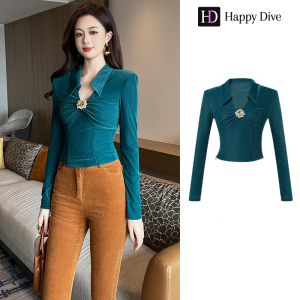 Happy Diva เสื้อแขนยาว เสื้อสีเขียว เสื้อคอวี เสื้อกํามะหยี่ เสื้อยืดครอป 91399