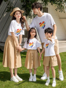 Summer Cotton Family Matching T-Shirt Set Short Sleeve Four People Three People Casual Style Heart Pattern Cotton 100%
