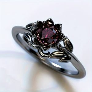 Black Flower Round Ring for Women Red Stone Charm Jewelry Party Gift - Stylish Accessory for Ladies