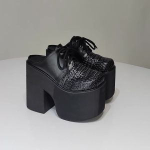 Gdgydh Ladies Mules Lace Up Platform Sandals for Women Chunky Heel Hollow Out High Heels Shoes Wedge Heel Summer Slingbacks Shoe