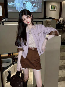 Purple Short Splice Jacket Womens Outerwear High Waist Slimming Skirt Set Autumn 2024 New Style Fashionable Two-Piece Suit