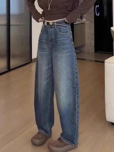 High Waist Wide Leg Denim Jeans Womens Fall New Style Pear Shape plus Size Big Code High Waist Loose Straight Banana Pants