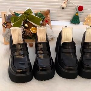 Size 35-40 Womens Black High Heel Mary Jane Shoes JK Thick Heeled Leather Shoes Thick Soled Loafers