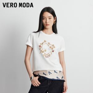 Vero Moda | New Design 100% Cotton Rhinestone Accented Print Regular Shoulder T-Shirt