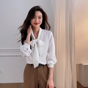 Blouse For Women Long Sleeve Chiffon Shirt Loose Solid Color Working Office Top