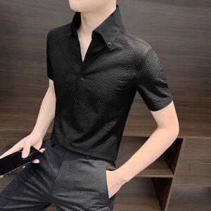 Bubble Shirt Mens Short Sleeve Summer Ice Silk Handsome Mens Fashion 2025 New Summer Wear Top Mens Shirt Thin Spandex