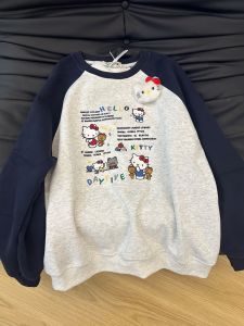 Dongda Gate 2025 Autumn New Cat Embroidery Plush Shoulder Color Block round Neck Hoodie Sweet Cotton Blend Long Sleeve Sweatshirt