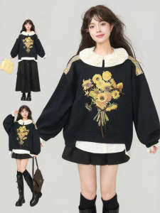 KEIKO | Chrysanthemum Print Velvet Padded Loose Vintage Black Round Neck Sweater