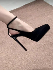 Waterproof Black Pointed Toe High Heels Womens Fashion Single Strap Thick Bottom Satin Elegant Shoes for Autumn Winter