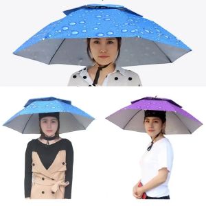 SRIEI Portable Foldable Head Umbrella Cap Outdoor Double-Deck Anti Rain Sun UV Protection Golf Beach Headwear Hat Payung Topi Memancing 头戴雨伞