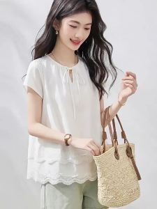 puella | Áo Sơ Mi Cổ Tròn Tay Ngắn Co Dãn Thanh Lịch Mùa Hè Viền Ren