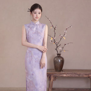 Floral Vintage Sleeveless Elegant National Style Light Purple Cheongsam Dress
