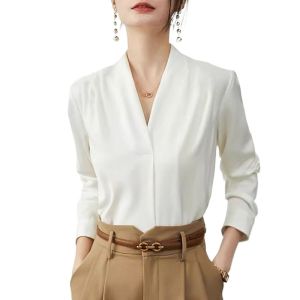 Áo Sơ Mi Cổ Chữ V Màu Trắng Sang Trọng Cho Nữ Mùa Xuân Thu Bằng Vải Satin Dài Tay Dáng Rộng Dài Vừa Phải
