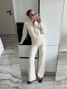 Spring Autumn Soft Knit Sweater Suit Women Long Sleeves Zipper Sweater+high Waist Straight Wide Leg Pants Female Two Piece Set
