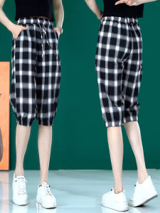 กางเกงขายาวทรงตรงเอวสูงลายสก็อตสีดำขาว กางเกงขายาวทรงฮาเร็มทรงหลวมสบาย ๆ สำหรับผู้หญิงในฤดูร้อน