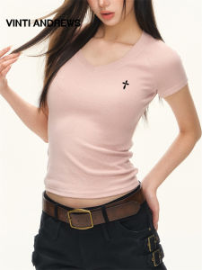 Pink V-Neck Short Sleeve Slim Fit T-Shirt