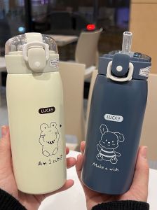 Childrens Portable Insulated Stainless Steel Water Bottle Cute Straw Cup Leakproof Large Capacity School Bagged Drinkware