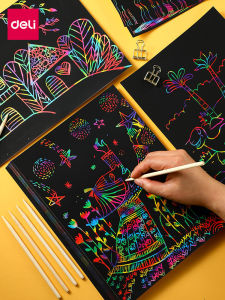 Deli Kids Colorful Scratch Art Paper Scratch Paper Elementary School Student Scratch Paper Color Handmade Doodle Scratch Painting Drawing Paper Scratch Stained Paper 50 Black Kindergarten Creative Non-Toxic Hanging Painting Paper Adult Pressure Reduction 