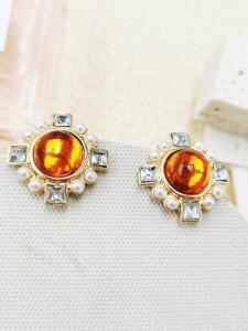 Retro Hong Kong Style Pearl Glass Bead Earrings Elegant Court Style Commute Sunflower Silver Needle Ear Jewelry C232