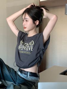 เสื้อผ้าเต้นรำสไตล์เกาหลี แขนสั้น คอตั้ง แขนสั้น ลายตัวอักษร ผ้าฝ้ายผสม PVC สำหรับผู้หญิงวัย 18-24 ปี