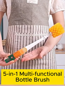5 in 1 multifunctional Baby Bottle Brush Cleaning Brush Plastic Ball With Long Handle Cleaning Brush Glass Coffee Mug Brush Drinking Bottle Cleaning Tools Multipurpose Suitable for All types of Cups Straw U-Shaped spiral twisted wire Orange Brush