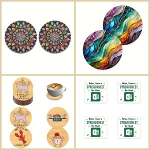 2/4 round square Coaster cat Mandala irregular pattern Wooden material Desktop non-slip Decoration Holiday party