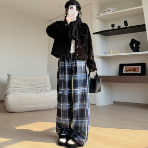 Blue Lattice Loose Pants Female Fall and Winter 2024 New Arrival High Waist Drooping Slimming Lazy and Loose Casual Fleece Padded Pants