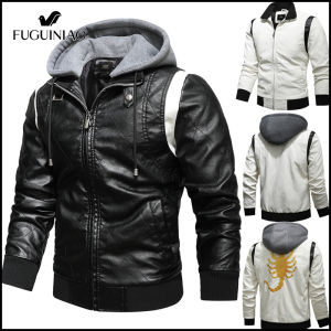 Fuguiniao Spring Mens Leather Jacket With Removable Hood Scorpion Embroidery Motorcycle Slim Jacket