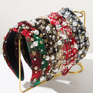 วันคริสต์มาส Series Creative Snowflake Design บล็อกสีผ้าลายสก๊อตเพชร Studded ไข่มุกผูกปมขอบกว้างอุปกรณ์เสริม