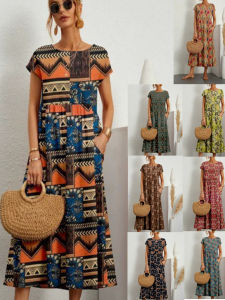 ชุดเดรสคอตั้งแขนกุดพิมพ์ลายแขนกุดแขนกุดฤดูร้อนสำหรับผู้หญิง ชุดเดรสยาวปานกลางแขนกุดพิมพ์ลายคอตั้ง
