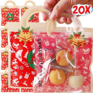 ถุงขนมหนาสำหรับเทศกาลคริสต์มาสถุงขนมขบเคี้ยวคุกกี้ถุงกระเป๋าทรงสี่เหลี่ยมมีหูหิ้วสะพายไหล่ใสปิดผนึกตัวเองของขวัญของประดับงานปาร์ตี้คริสต์มาสปีใหม่