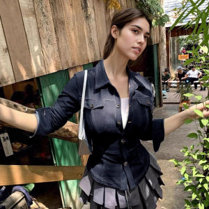 Retro American Street Blue Slim Fit Long Sleeve Denim Look Casual Shirt Stand Collar Asymmetrical Hemline Fashionable Womens Top