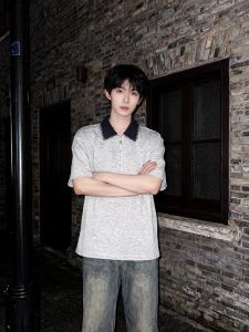 OUMULONG | Floral Gray Polka Collar Polo Shirt Short Sleeve