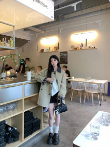 Kaki Short Coat Jacket Womens Spring New Loose Collar Small Size British Style Patchwork Outerwear Casual Korean Style