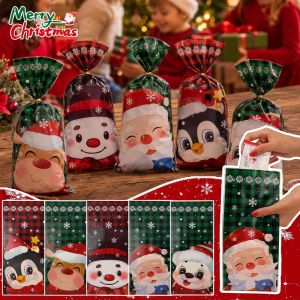 200pcs Christmas Gift Bags / Festive Santa Snowman Reindeer Penguin Polar Bear Print Packaging Pouches / Candy Cookie Treat Bags with Twist Ties / Navidad Xmas Home Party Decor Supplies