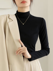 Slim Fit Long Sleeve T-Shirt Womens Base Shirt Autumn Winter Black Half High Collar Cotton Polyester Blend Casual Top