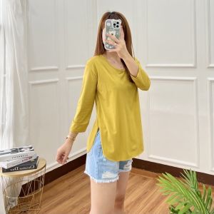 Kaos Oversize Lengan 7/8 | Kaos V-neck Slit Samping | Baju Kaos V-neck Wanita slit samping | Atasan T-Shirt
