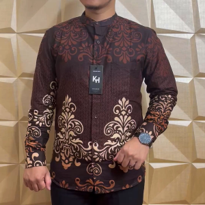 Kemko KH Motif Batik Pria Dewasa Lengan Panjang Warna Coklat Mahogany Premium Slimfit