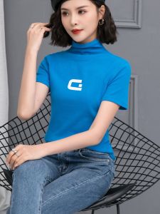 Autumn 2025 Womens Slim Fit Cotton T-Shirt Half High Collar Short Sleeve Versatile Base Layer Shirt Comfortable Breathable
