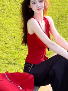 chaqi | Red Spaghetti Strap Waist Slim Sleeveless T-Shirt