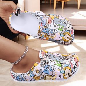 Women Flat Indoor Slippers Printing Soft EVA Soles Adjustable Strap Easy-On Nurse Shoes Comfortable Work Clog Shoes For Women