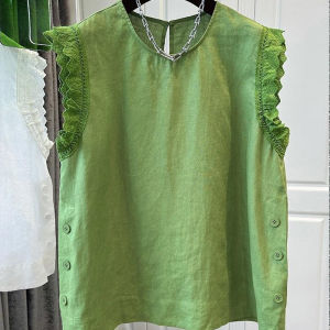 Shalldoer | French Vintage Lace Trim Splice Round Neck Sleeveless Shirt Women Summer New Loose Fashion Linen Top Casual Style Loose Fit