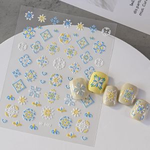 1Pcs 5D นูน Boho ดอกไม้ Nalil สติกเกอร์ Bohemian Blue/สีม่วงลูกไม้ดอกไม้เล็บ Art Decal Retro Self-Adhesive ตกแต่งเล็บ *