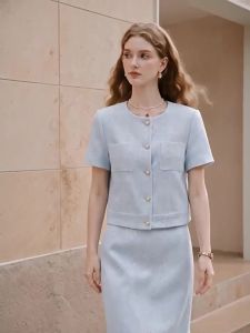 XIANGYING | Flax Blue Autumn Two-Piece Dress Set