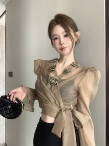 GUZILIAN | French Vintage Waist-Cinching Floral Shirt Womens Elegant Lace Belted Top Sweet Style Bubble Sleeve V-neck Autumn Fashion