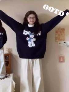 Deep Blue Lazy Style Knitted Base Shirt Sweater Womens Fashion Autumn Winter Top Small Snowman Print Long Sleeve Crew Neck